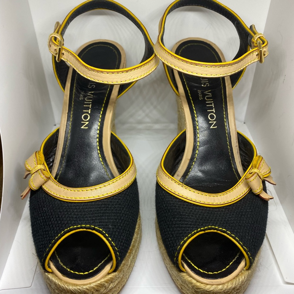 Authentic Louis Vuitton Black Bow Tie Espadrilles Wedges 7.5